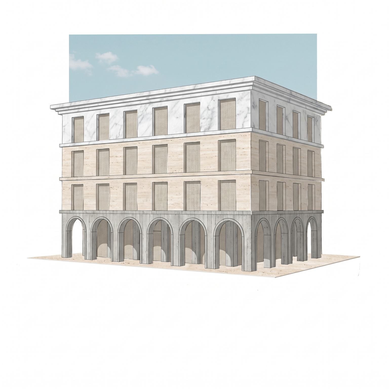 A 3D view of a building and the same view as a flat architectural collage made with the arkia Collage template — after