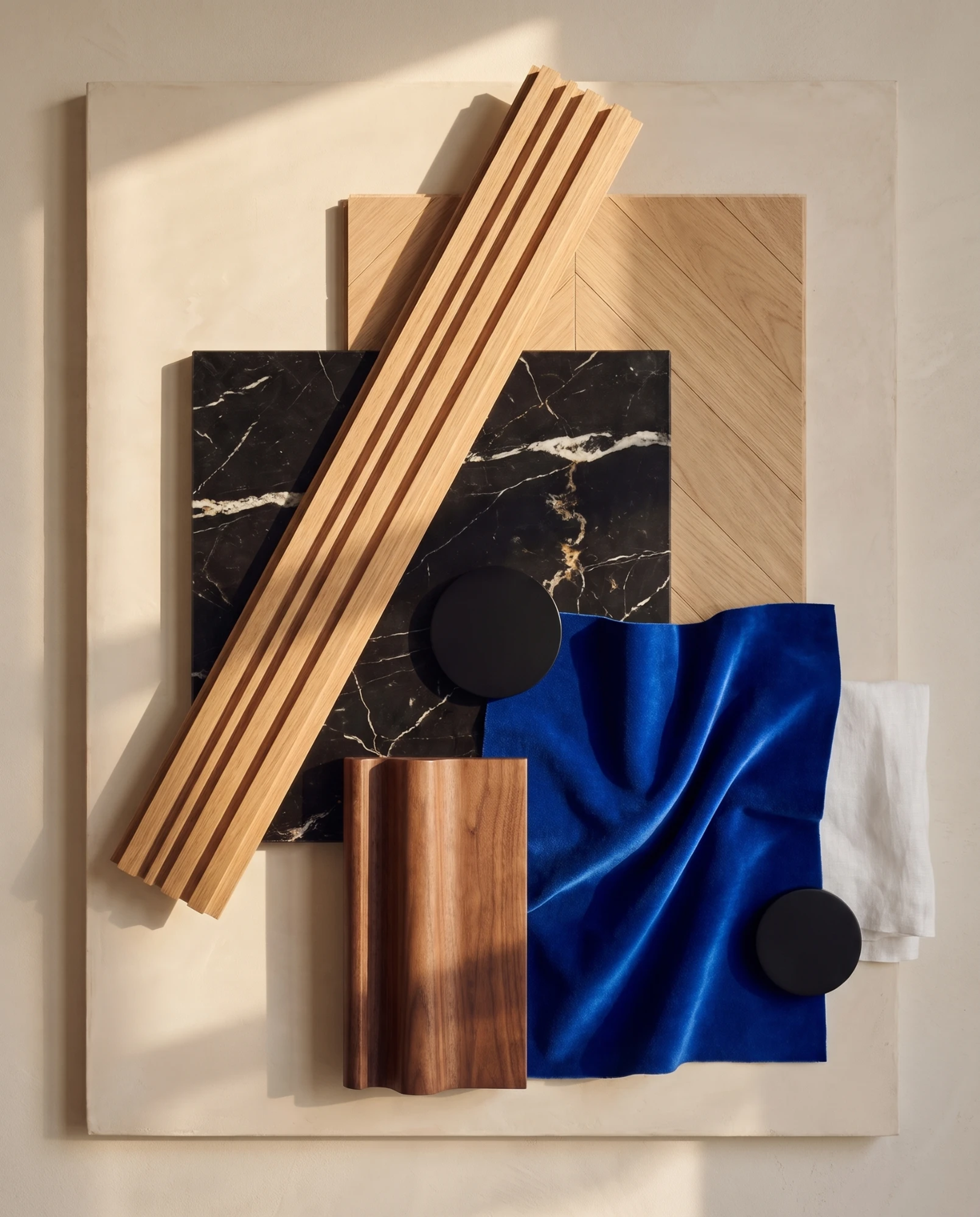 A dining room with walnut chairs in blue velvet, a black marble table and an oak floor, and its material board made with the arkia Material Palette template — after