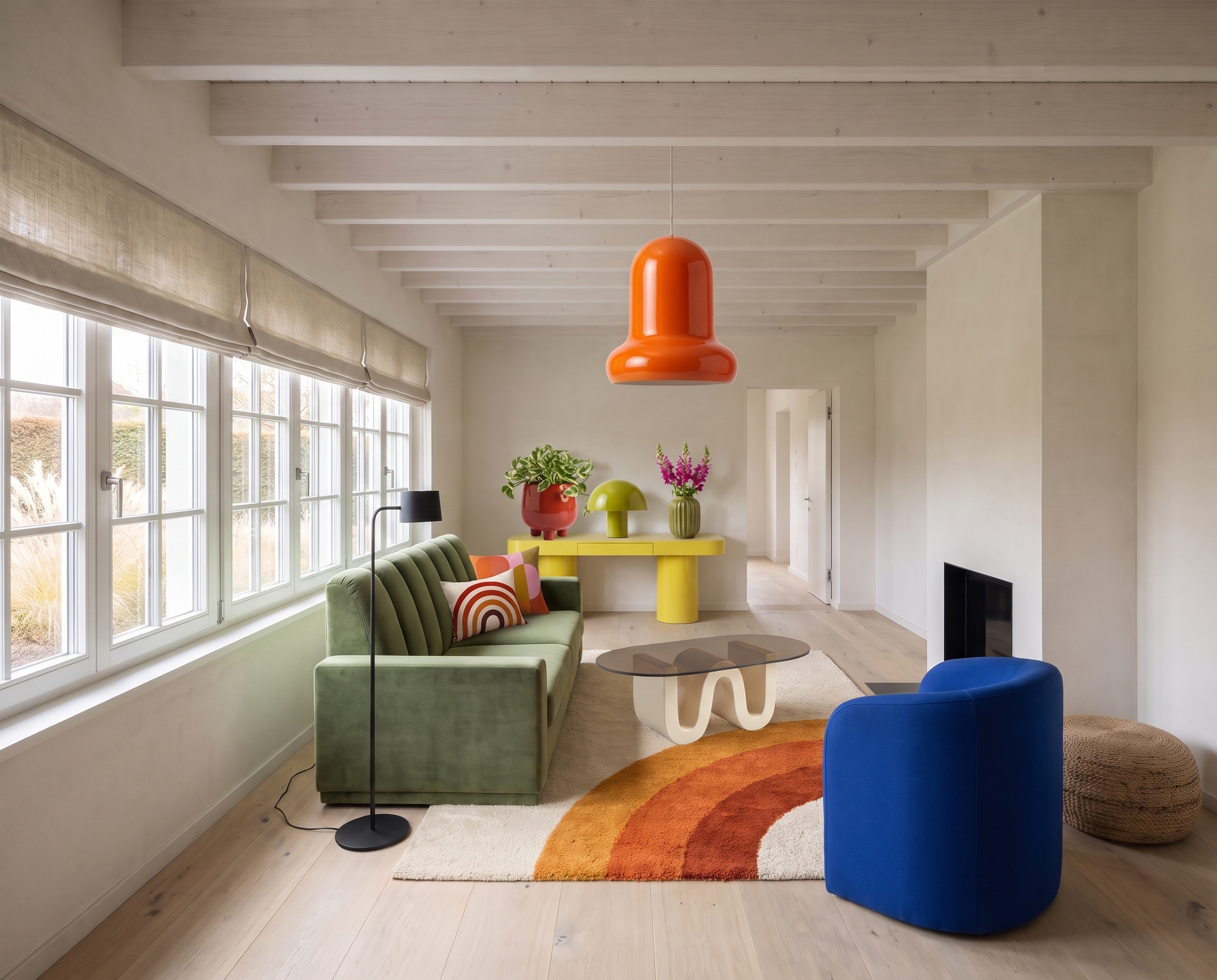 A pale living room with ceiling beams, a linen sofa and a wooden armchair, and the same room furnished from a 1970s pop moodboard with the arkia Moodboard to Room template: green velvet sofa, blue armchair, wavy coffee table, rainbow rug, yellow console and orange pendant — after