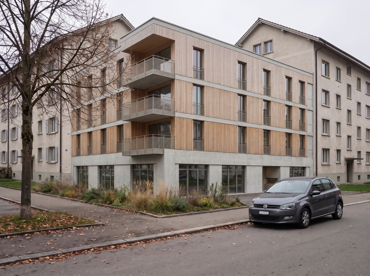 A street photo of a vacant plot and the same photo with a new building inserted using the arkia Site Photo Insertion template — after