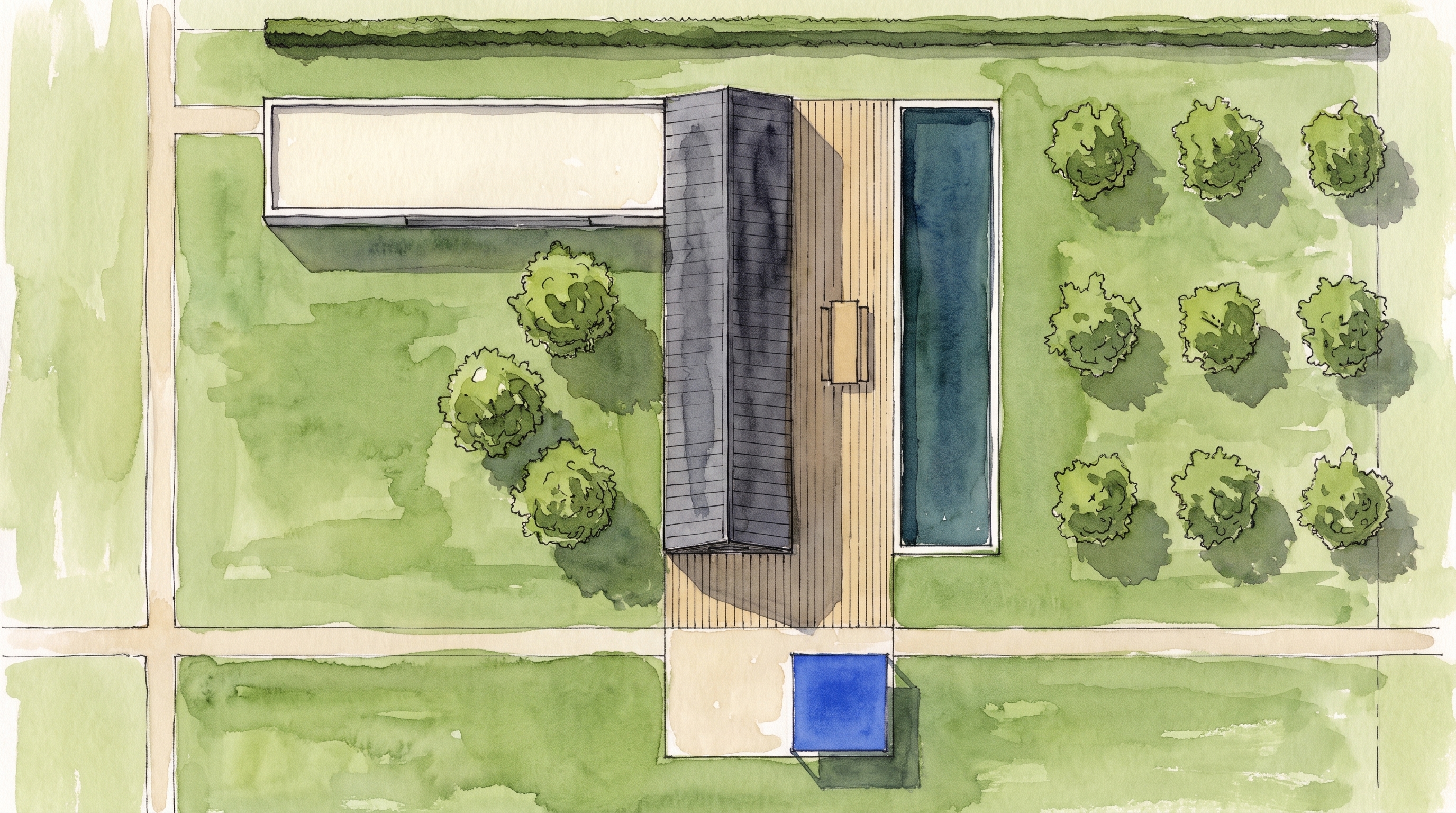 A 3D top-down capture of a summer house and its garden, and the same site redrawn as an ink and watercolor site plan with the arkia Stylize Site Plan template — after